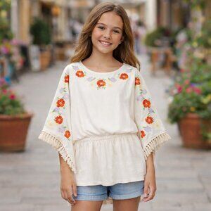 Cat & Jack Girls Boho Floral Embroidered 100% Cotton Tunic in Cream with Fringe